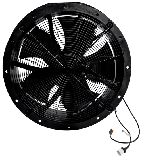 Schwarzer Ventilator mit mehreren Rotorblättern und Schutzgitter. Verkabelung für elektrische Anschlussmöglichkeiten. Produkt von Wolf.